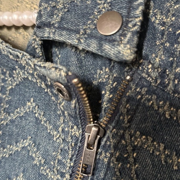 Free People Denim Moto Jacket Chevron Textured Blue Zip Up Cropped - Picture 5 of 7